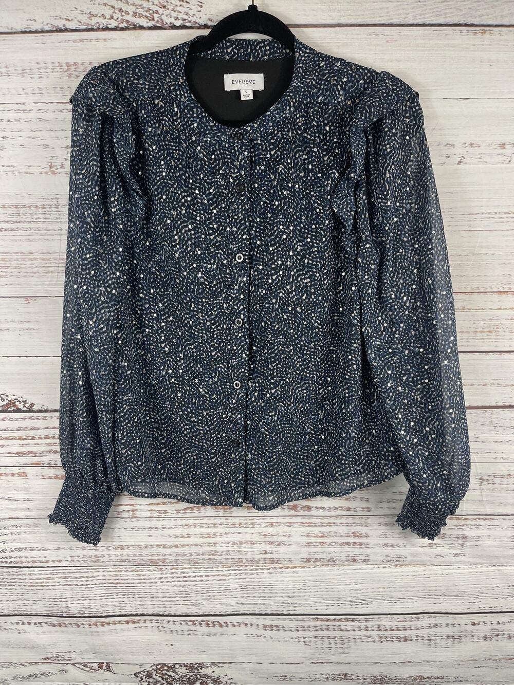 Evereve Blouse Women's Small Blue Animal Print Ruffle Long Sleeve Lined Chiffon